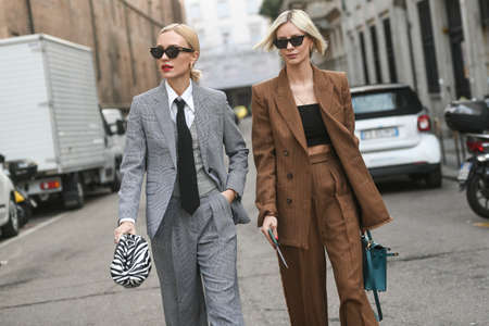 Milan, Italy - February 20, 2020: Viktoria Rader, Lisa Hahnbuck before a fashion show during Milan Fashion Week - streetstylefw20のeditorial素材