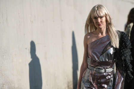 Milan, Italy - February 19, 2020: Street style appearance during Milan Fashion Week - streetstylefw20のeditorial素材
