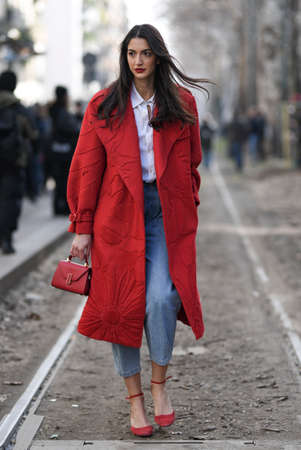 Milan, Italy - February 23, 2020: Street style appearance during Milan Fashion Week - streetstylefw20のeditorial素材