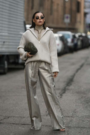 Milan, Italy - February 20, 2020: Karina Nigay before a fashion show during Milan Fashion Week - streetstylefw20のeditorial素材