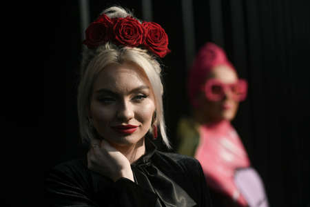 Milan, Italy - February 19, 2020: Street style appearance during Milan Fashion Week - streetstylefw20のeditorial素材