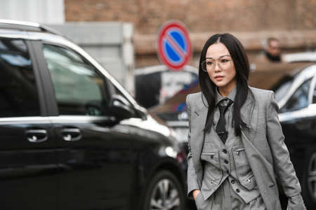 Milan, Italy - February 20, 2020: Yoyo Cao before a fashion show during Milan Fashion Week - streetstylefw20のeditorial素材