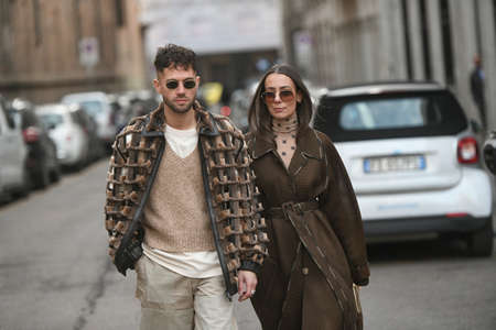 Milan, Italy - February 20, 2020: Street style appearance during Milan Fashion Week - streetstylefw20のeditorial素材