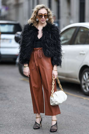 Milan, Italy - February 20, 2020: Sonia Lyson before a fashion show during Milan Fashion Week - streetstylefw20のeditorial素材