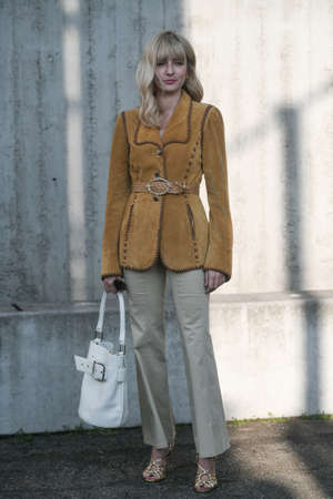 Milan, Italy - February 19, 2020: Elonora Carisi before a fashion show during Milan Fashion Week - streetstylefw20のeditorial素材