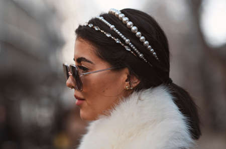Milan, Italy - February 23, 2020: Street style appearance during Milan Fashion Week - streetstylefw20のeditorial素材