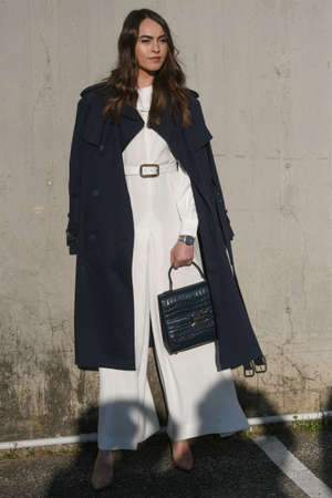 Milan, Italy - February 19, 2020: Street style appearance during Milan Fashion Week - streetstylefw20のeditorial素材