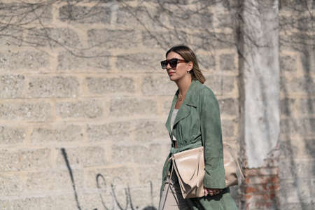 Milan, Italy - February 23, 2020: Street style appearance during Milan Fashion Week - streetstylefw20のeditorial素材