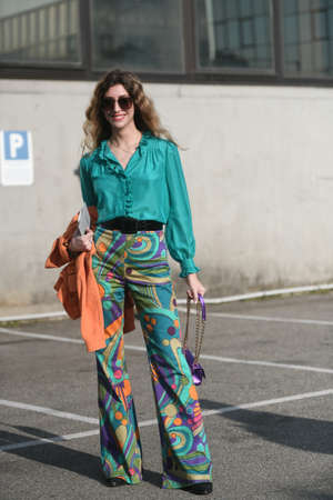 Milan, Italy - February 19, 2020: Street style appearance during Milan Fashion Week - streetstylefw20のeditorial素材