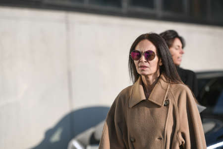 Milan, Italy - February 19, 2020: Street style appearance during Milan Fashion Week - streetstylefw20のeditorial素材