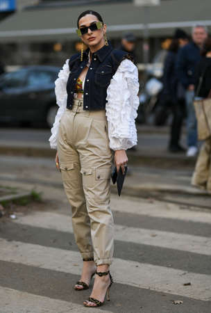 Milan, Italy - February 23, 2020: Street style appearance during Milan Fashion Week - streetstylefw20のeditorial素材