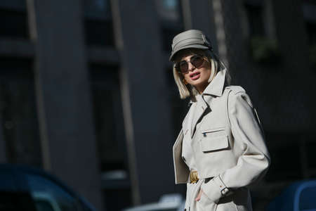 Milan, Italy - February 20, 2020: Xenia Adonts before a fashion show during Milan Fashion Week - streetstylefw20のeditorial素材