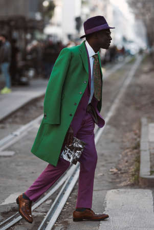 Milan, Italy - February 23, 2020: Street style appearance during Milan Fashion Week - streetstylefw20のeditorial素材
