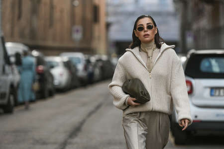 Milan, Italy - February 20, 2020: Karina Nigay before a fashion show during Milan Fashion Week - streetstylefw20のeditorial素材