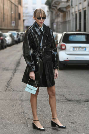 Milan, Italy - February 20, 2020: Street style appearance during Milan Fashion Week - streetstylefw20のeditorial素材