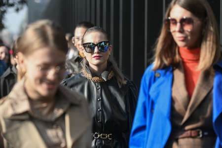 Milan, Italy - February 19, 2020: Street style appearance during Milan Fashion Week - streetstylefw20のeditorial素材