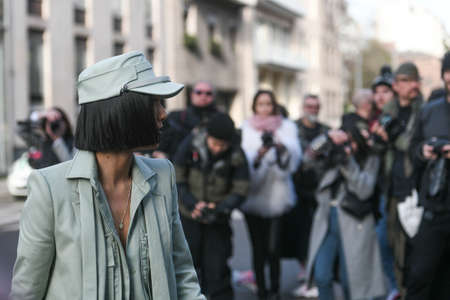 Milan, Italy - February 20, 2020: Street style appearance during Milan Fashion Week - streetstylefw20のeditorial素材