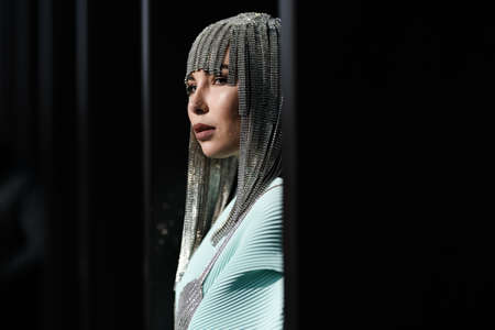 Milan, Italy - February 19, 2020: Karina Nigay before a fashion show during Milan Fashion Week - streetstylefw20のeditorial素材