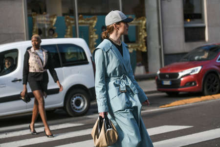 Milan, Italy - February 20, 2020: Street style appearance during Milan Fashion Week - streetstylefw20のeditorial素材