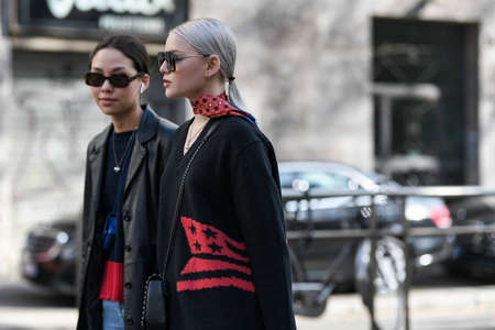 Milan, Italy - February 23, 2020: Street style appearance during Milan Fashion Week - streetstylefw20のeditorial素材