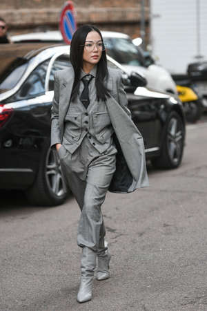 Milan, Italy - February 20, 2020: Yoyo Cao before a fashion show during Milan Fashion Week - streetstylefw20のeditorial素材