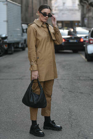 Milan, Italy - February 20, 2020: Street style appearance during Milan Fashion Week - streetstylefw20のeditorial素材
