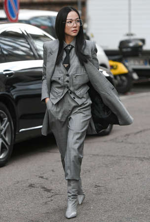 Milan, Italy - February 20, 2020: Yoyo Cao before a fashion show during Milan Fashion Week - streetstylefw20のeditorial素材
