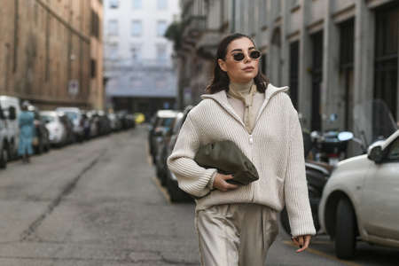 Milan, Italy - February 20, 2020: Karina Nigay before a fashion show during Milan Fashion Week - streetstylefw20のeditorial素材
