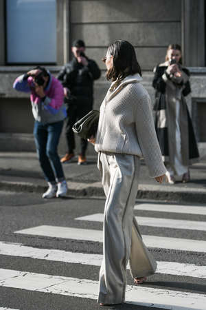 Milan, Italy - February 20, 2020: Karina Nigay before a fashion show during Milan Fashion Week - streetstylefw20のeditorial素材