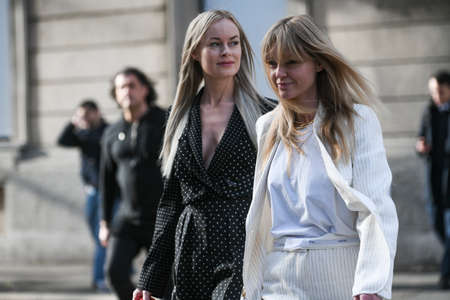 Milan, Italy - February 20, 2020: Thora Valdimars, Jeanette Madsen before a fashion show during Milan Fashion Week - streetstylefw20のeditorial素材