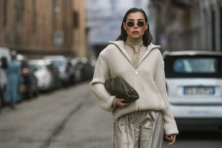 Milan, Italy - February 20, 2020: Karina Nigay before a fashion show during Milan Fashion Week - streetstylefw20のeditorial素材