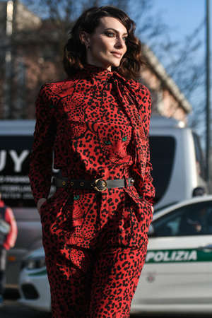 Milan, Italy - February 19, 2020: Paola Turani before a fashion show during Milan Fashion Week - streetstylefw20のeditorial素材