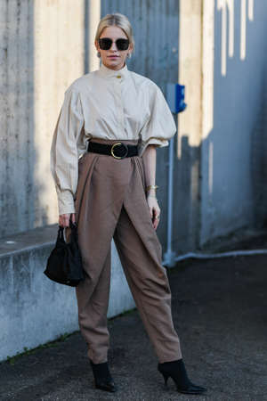 Milan, Italy - February 19, 2020: Caroline Daur before a fashion show during Milan Fashion Week - streetstylefw20のeditorial素材