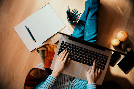 friendly workspace - girl working from homeの写真素材