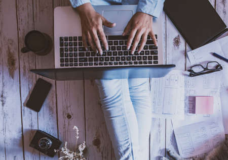 friendly workspace - girl working from homeの写真素材