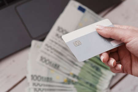woman holding credit card - online shopping conceptの写真素材