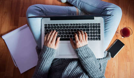friendly workspace - girl working from homeの写真素材