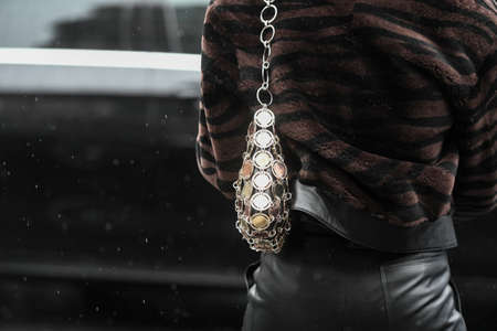 Paris, France  March 2, 2020: Metallic patterned chain bag detail - streetstylefw20のeditorial素材
