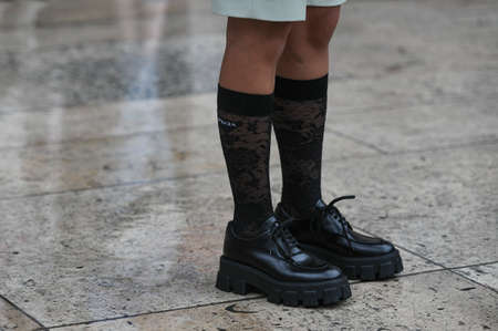 Paris, France â March 2, 2020: Black leather Prada shoes matched with black embroidered Prada socks - streetstylefw20のeditorial素材