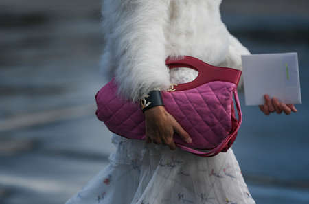 Paris, France â March 3, 2020: Red and pink leather Chanel handbag detail - streetstylefw20のeditorial素材