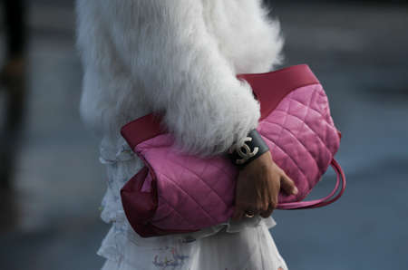 Paris, France â March 3, 2020: Red and pink leather Chanel handbag detail - streetstylefw20のeditorial素材