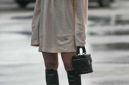 Paris, France â March 3, 2020: Black leather Chanel handbag - streetstylefw20のeditorial素材