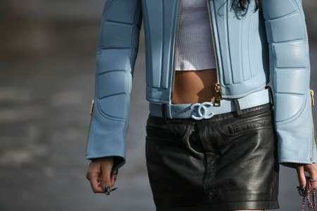 Paris, France â March 3, 2020: Blue leather Chanel belt detail - streetstylefw20のeditorial素材