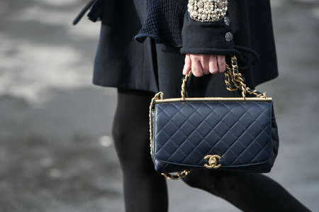 Paris, France â March 3, 2020: Black leather Chanel chain bag - streetstylefw20のeditorial素材
