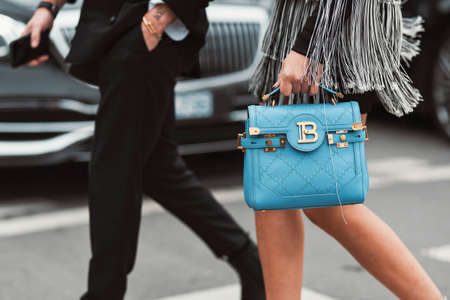 Paris, France - February 28, 2020: Light blue leather Balmain handbag - streetstylefw20のeditorial素材