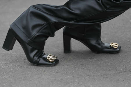 Paris, France - February 28, 2020: Black leather high heel boots detail - streetstylefw20のeditorial素材