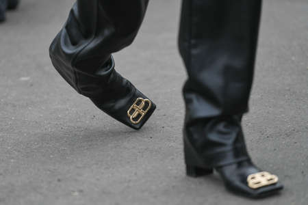 Paris, France - February 28, 2020: Black leather high heel boots detail - streetstylefw20のeditorial素材