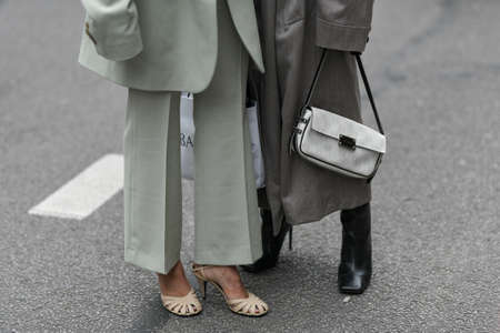 Paris, France - February 28, 2020: Minimalist outfits detail and a Loewe handbag - streetstylefw20のeditorial素材