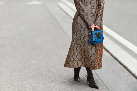 Paris, France - February 28, 2020: Blue Byredo handbag - streetstylefw20のeditorial素材