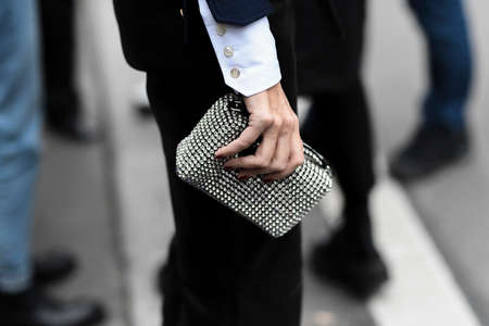 Paris, France - February 28, 2020: Silver clutch bag with diamonds - streetstylefw2020のeditorial素材